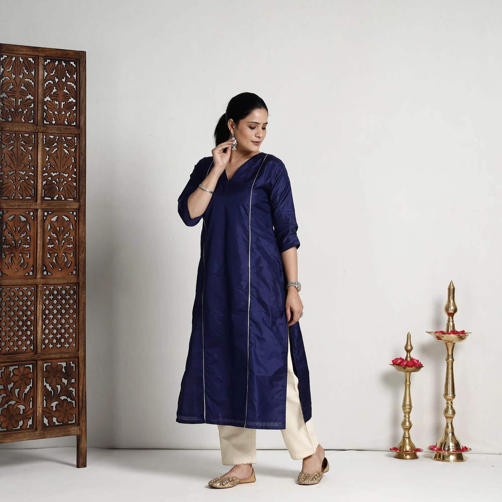 Ethnic Navy Blue - Plain Pure Silk Kurta