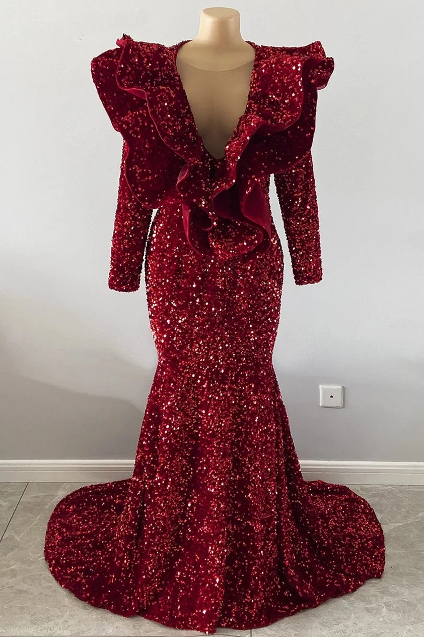 Exquisite Red V-neck Sequins Sleeveless Floor-length Mermaid Prom Dresses