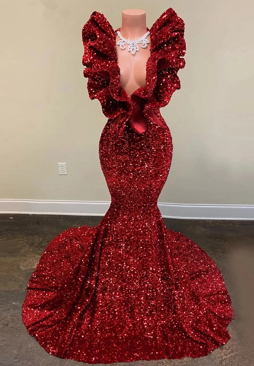 Exquisite Red V-neck Sequins Sleeveless Floor-length Mermaid Prom Dresses