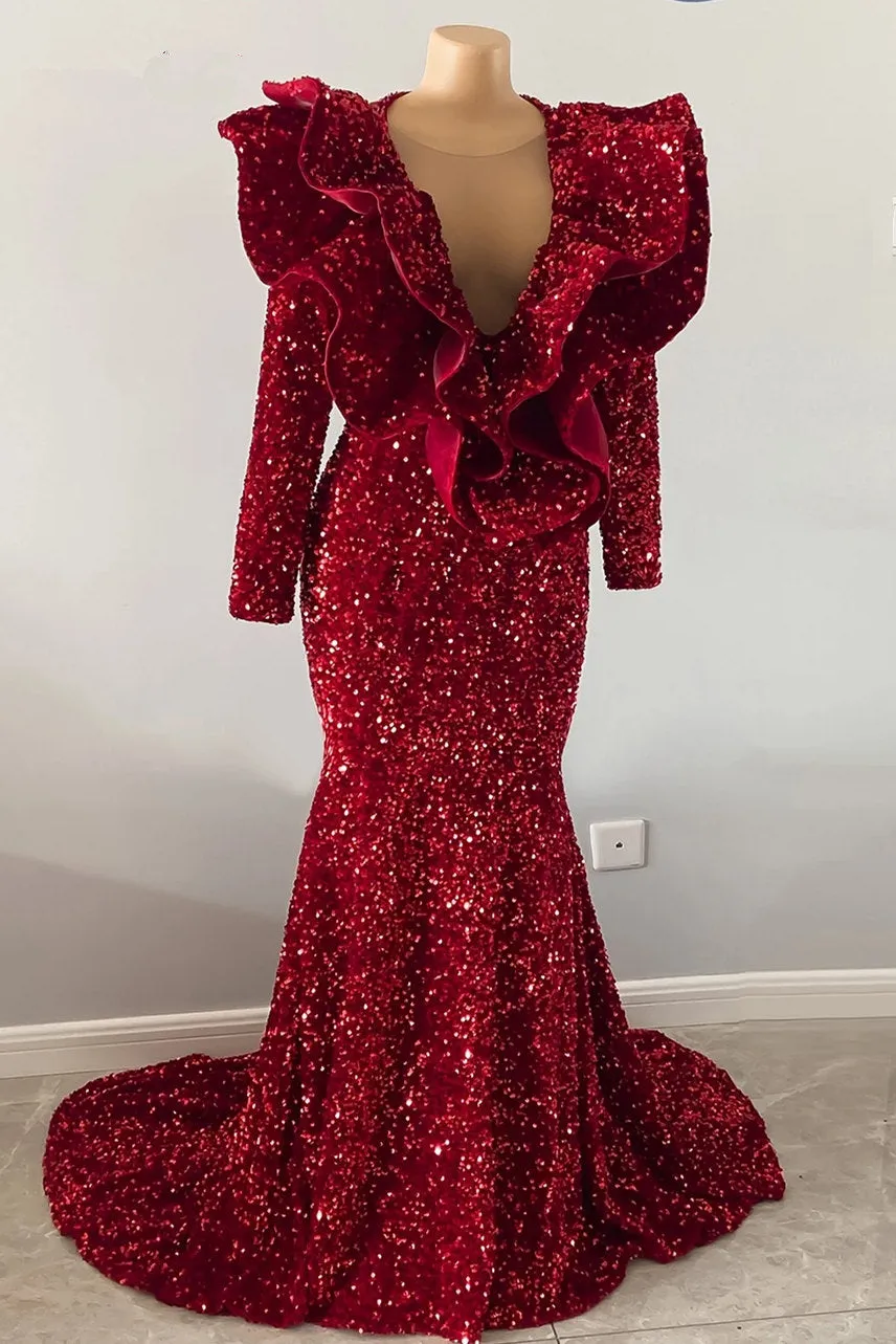 Exquisite Red V-neck Sequins Sleeveless Floor-length Mermaid Prom Dresses