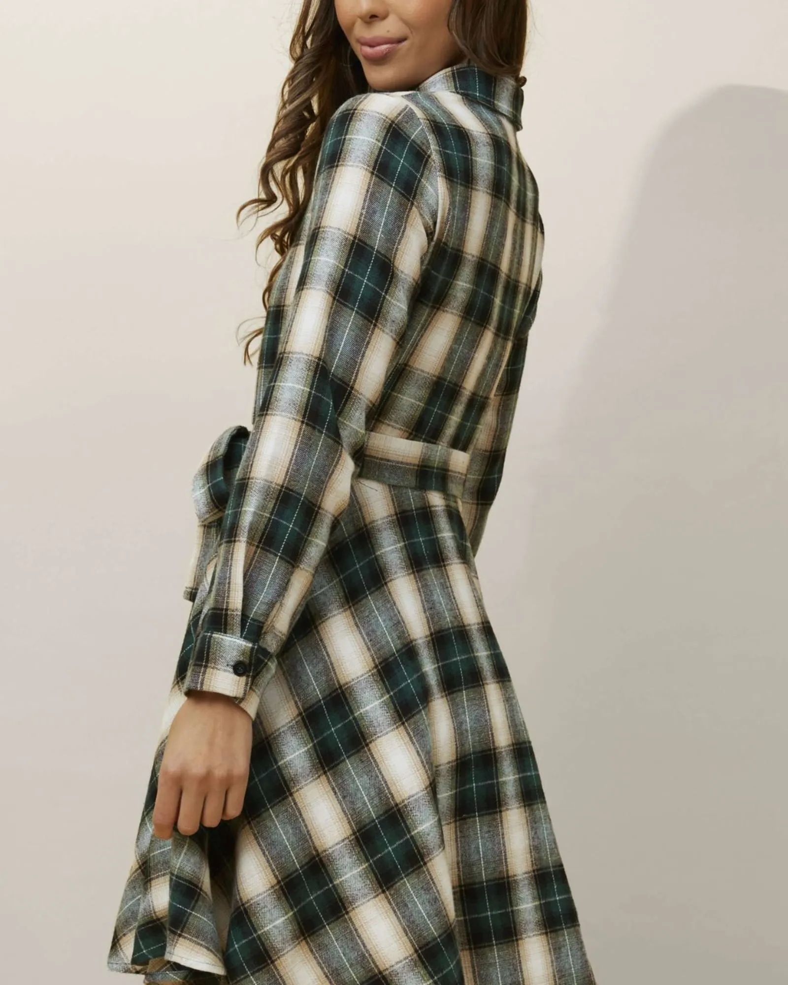 Fiona Shirt Dress Waist Tie Plaid Print Green | Green