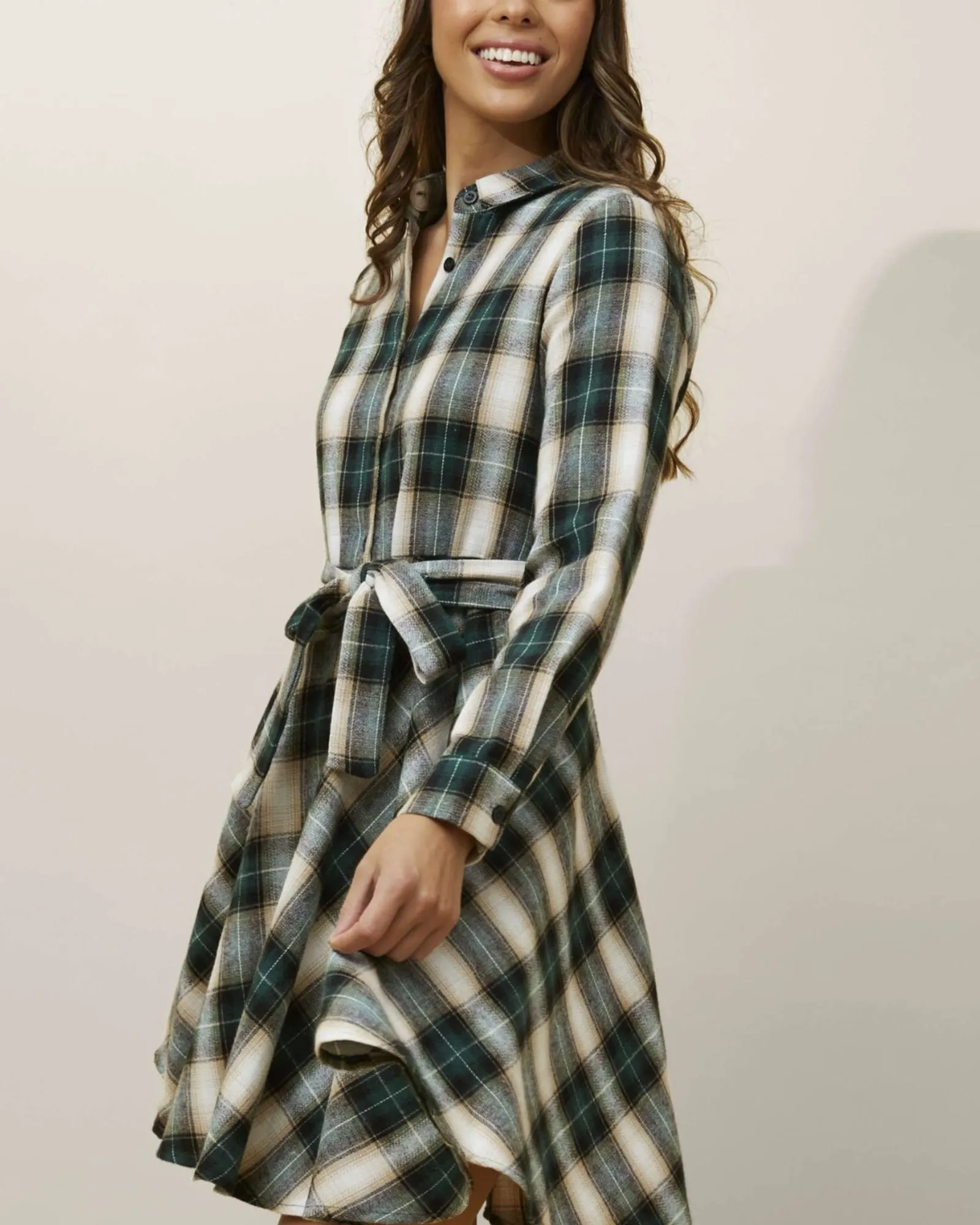 Fiona Shirt Dress Waist Tie Plaid Print Green | Green