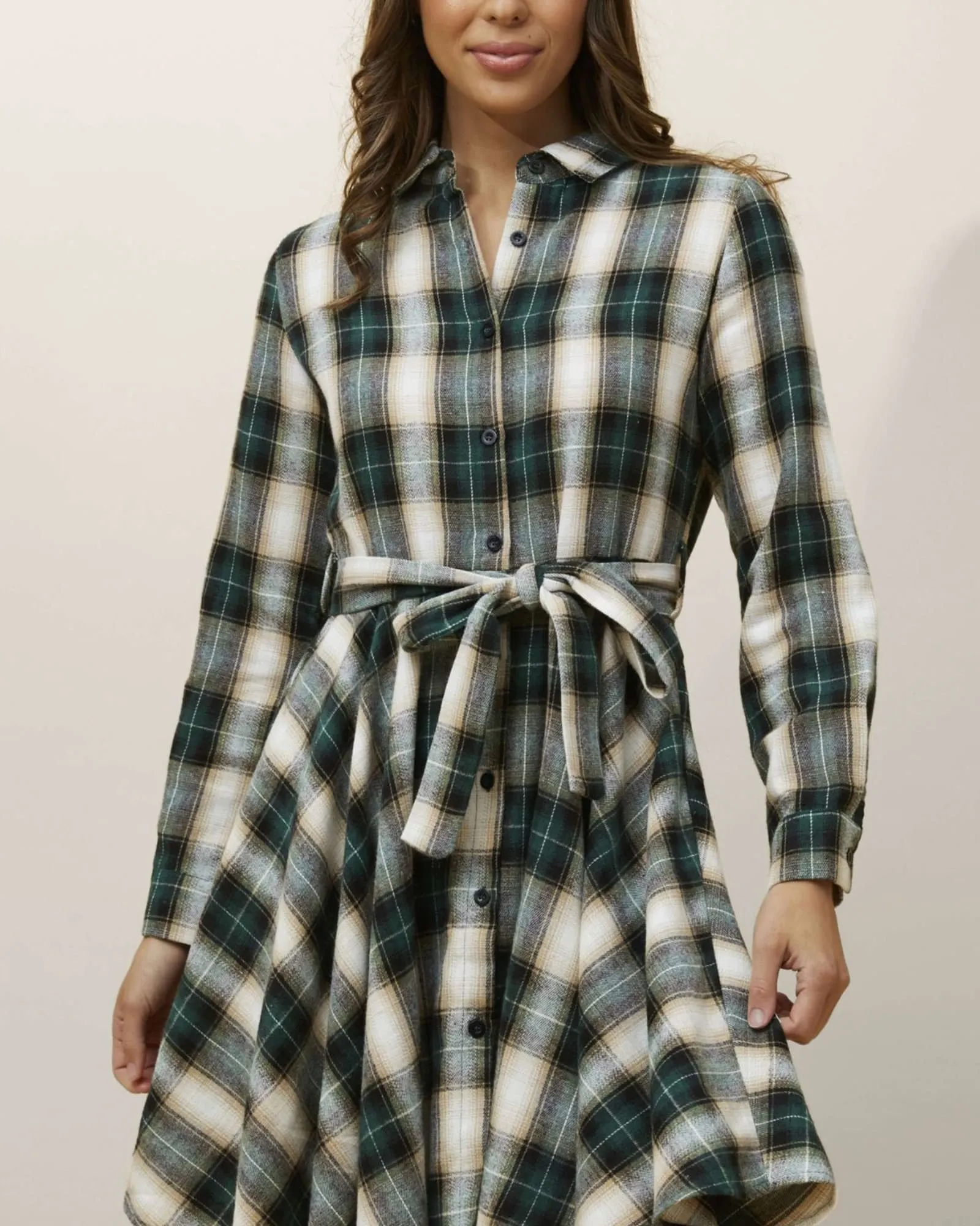 Fiona Shirt Dress Waist Tie Plaid Print Green | Green