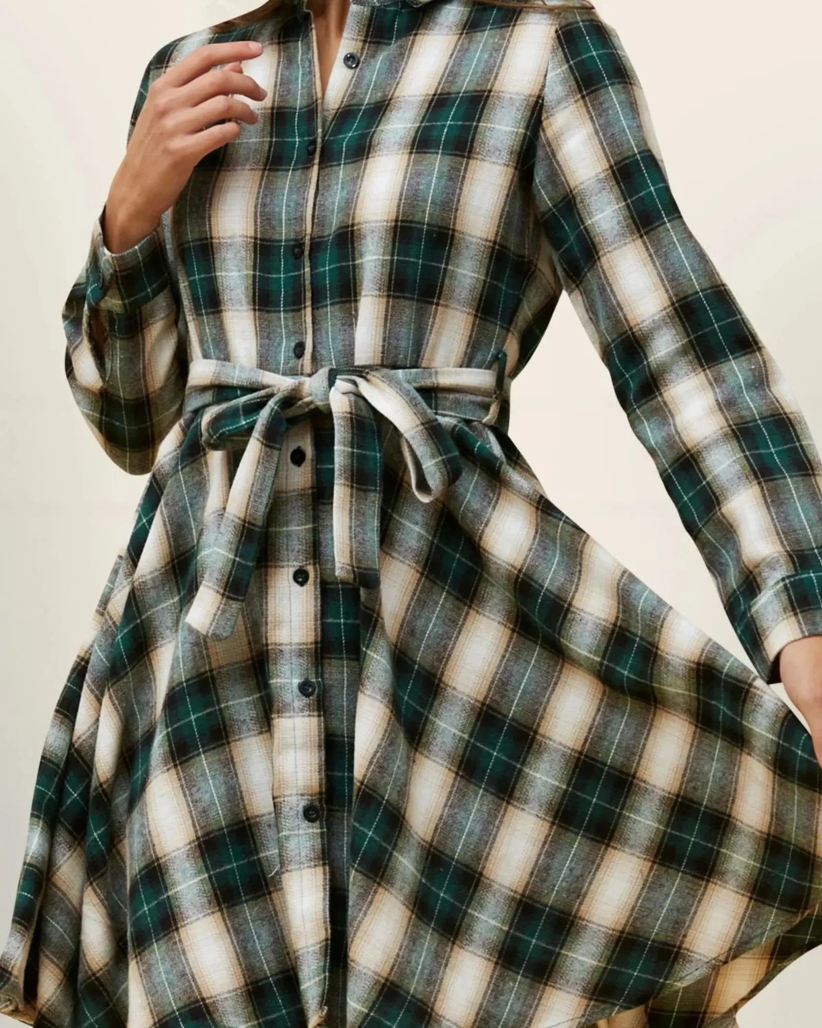 Fiona Shirt Dress Waist Tie Plaid Print Green | Green