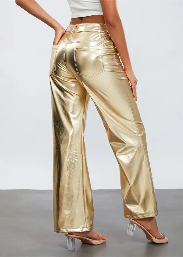 Flared Legs Gold Metallic Pants