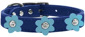 Flower Leather Collar Blue With Baby Blue Flowers Size 22