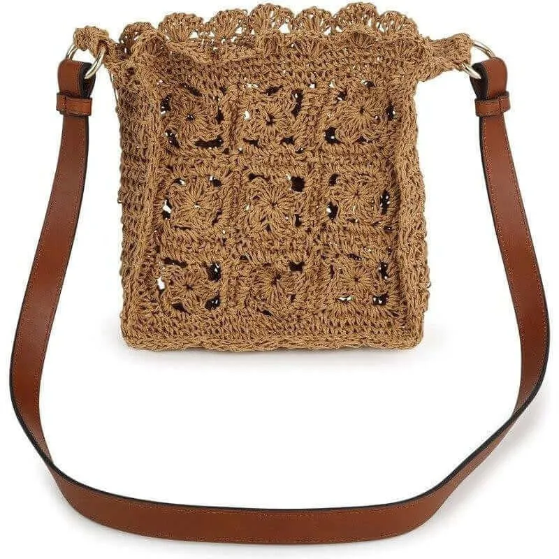 Girls Brown Crochet Leather Strap Bag