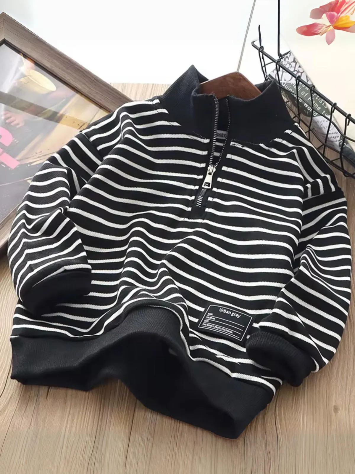 Girl's Trendy High Neck Striped Sweatshirt