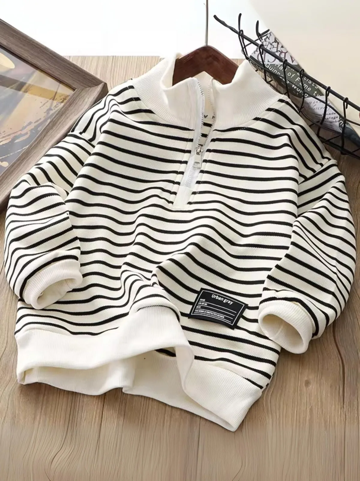 Girl's Trendy High Neck Striped Sweatshirt