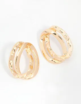 Gold Molten Double Ring Drop Earrings