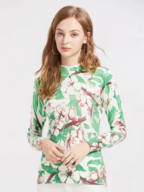 Green Floral Print Tops Fall Winter Women Mock Neck Long Sleeve Pullover Sweater Slim Stretchy Tee Casual Clothes  B-022