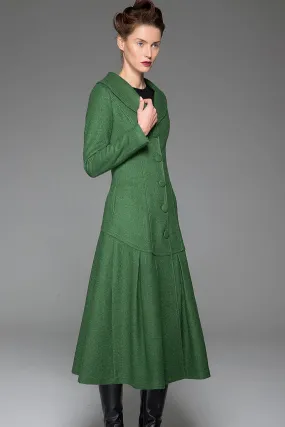 Green Winter Coat - Vintage Style Long Single-Breasted Elegant Feminine Designer Women's Wool Blend Swing Coat with Dropped Waist 1413#