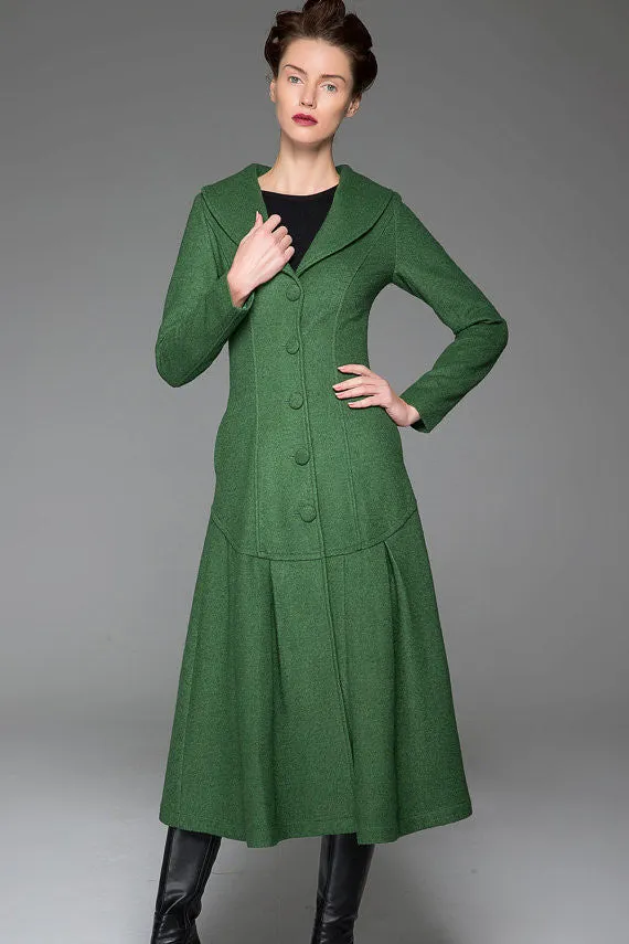 Green Winter Coat - Vintage Style Long Single-Breasted Elegant Feminine Designer Women's Wool Blend Swing Coat with Dropped Waist 1413#