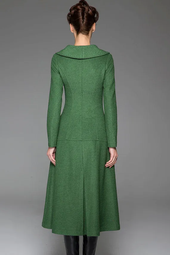 Green Winter Coat - Vintage Style Long Single-Breasted Elegant Feminine Designer Women's Wool Blend Swing Coat with Dropped Waist 1413#