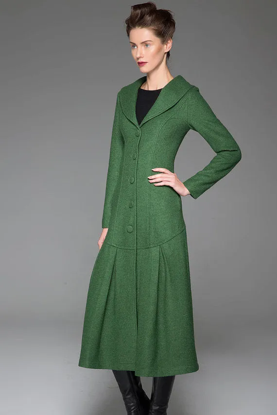 Green Winter Coat - Vintage Style Long Single-Breasted Elegant Feminine Designer Women's Wool Blend Swing Coat with Dropped Waist 1413#