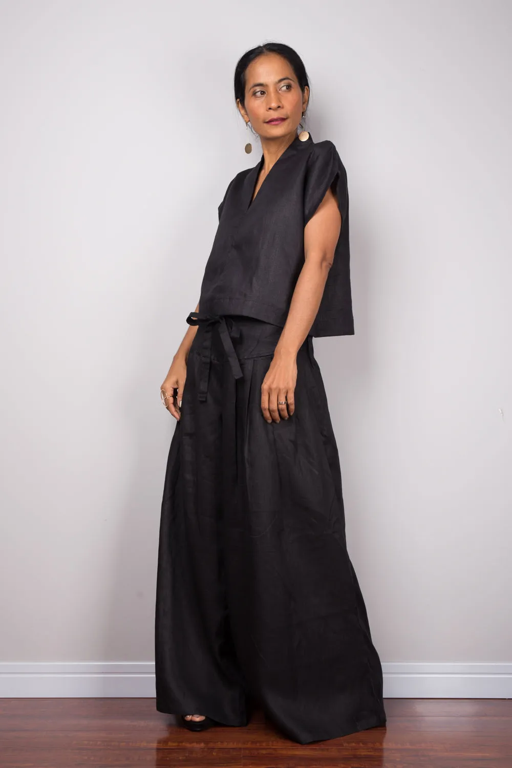 Handmade black linen long wide leg palazzo pants. Black high waist women's summer pants