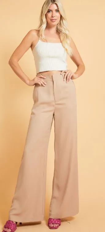 Hi Waist Flowy Leg Pant | Taupe