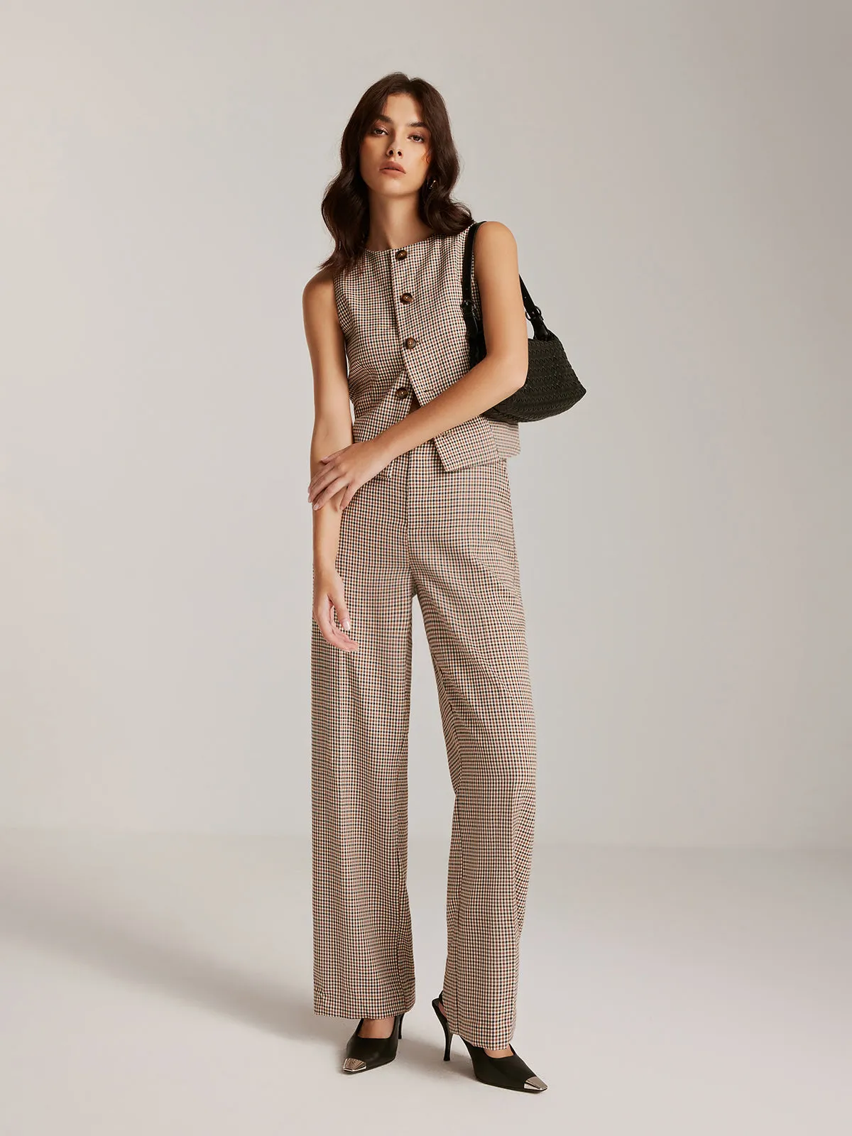 High-Waist Plaid Belted Pants