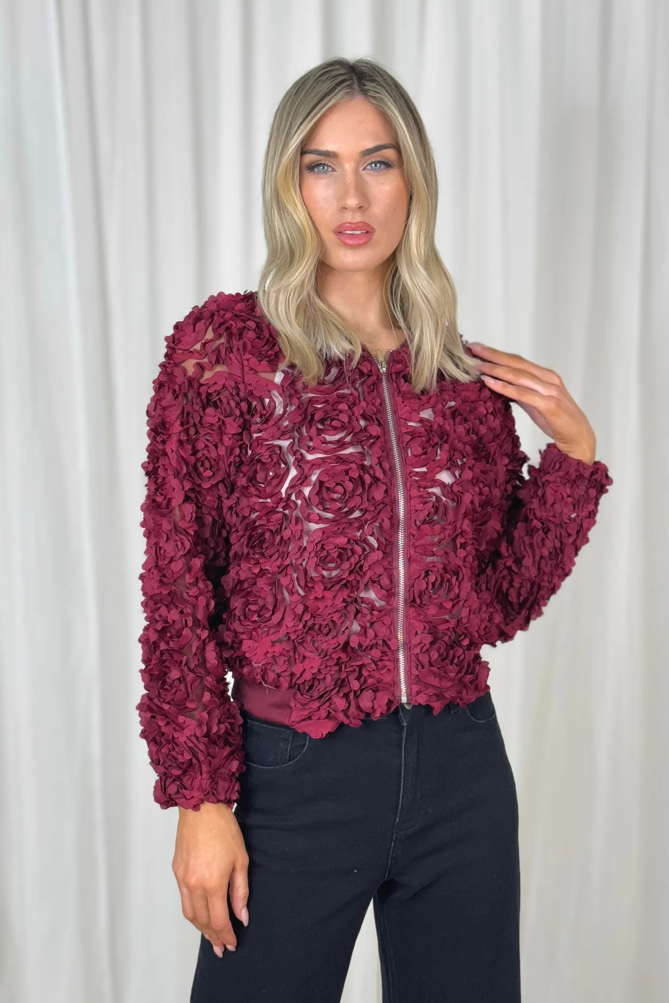 Holly Textured Bomber Jacket In Bordeaux