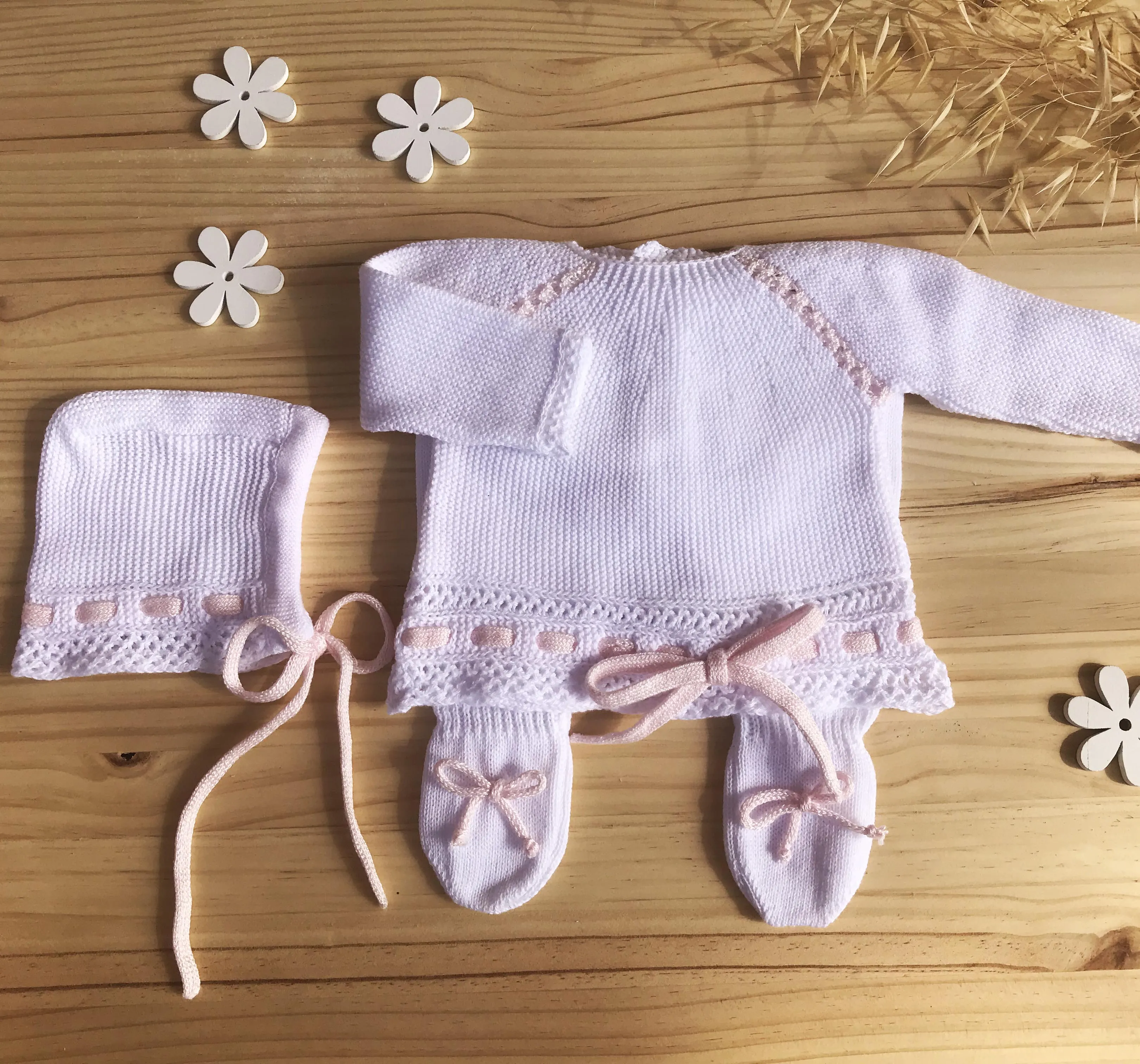 Knit Cotton Newborn White Sweater and Pants,  "Take me home set" Pink lace by Patucos