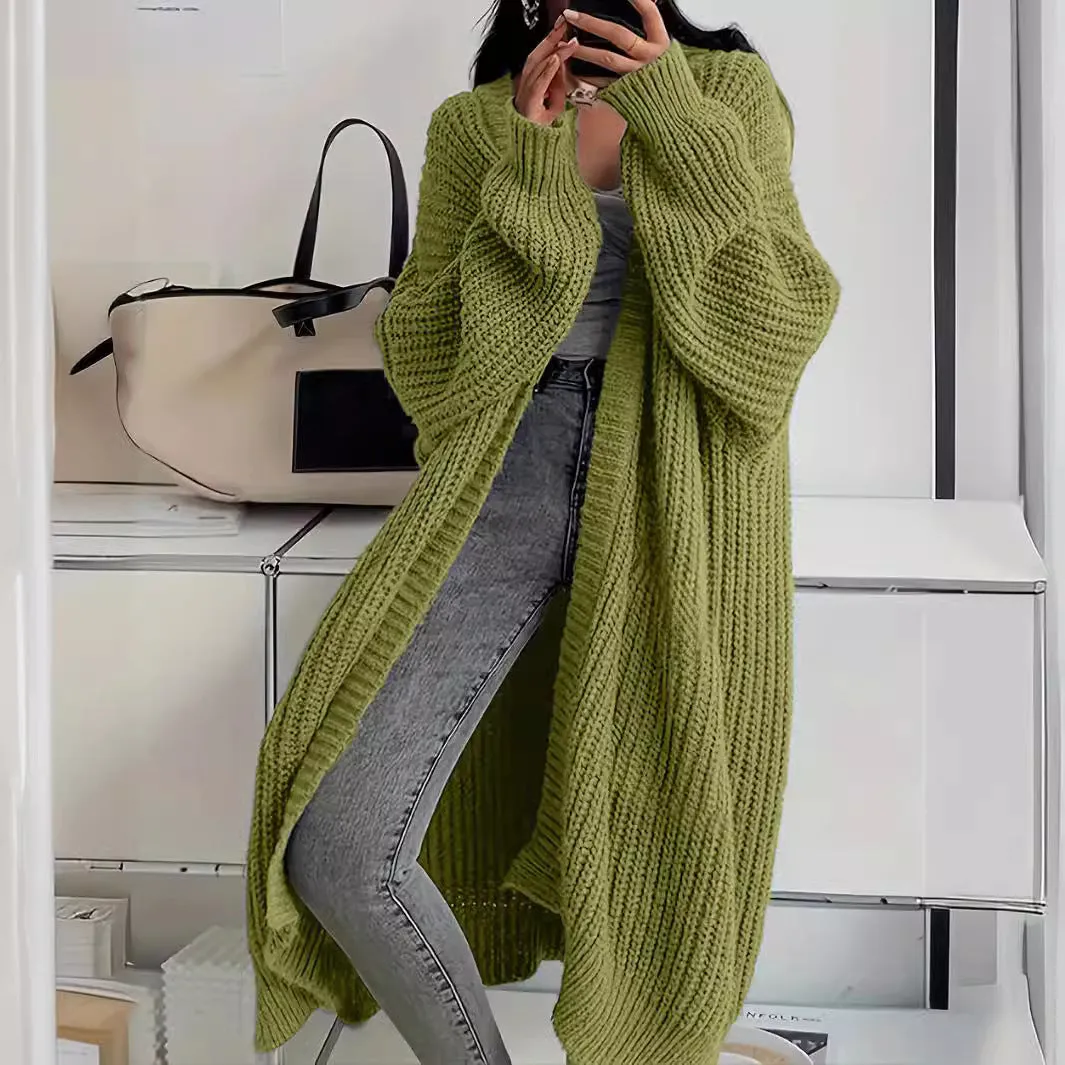 Knitted Long Cardigan With Pockets Fashion All-match Lantern-sleeved Coat