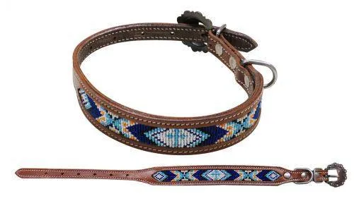 Leather Dog Collar With Teal & Blue Cross Design Beaded Inlay