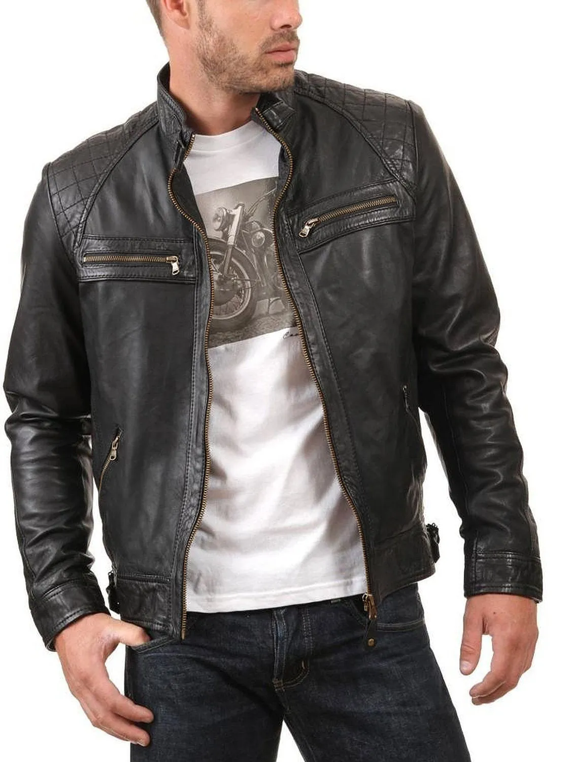 Leather Jackets Hub Mens Genuine Lambskin Leather Jacket (Black, Fencing Jacket) - 1501344