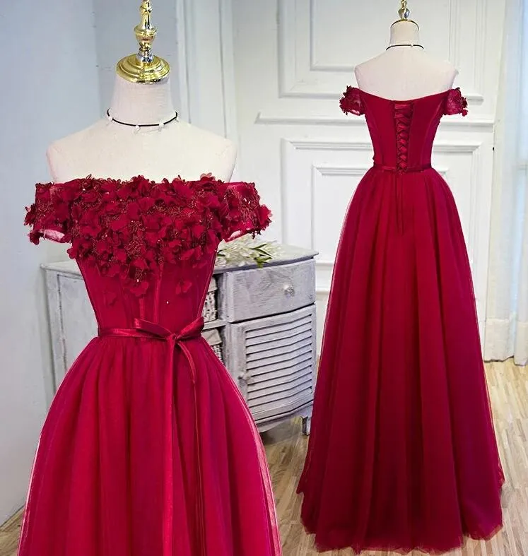 Long Party Dress, Off Shoulder Dark Red Prom Dress