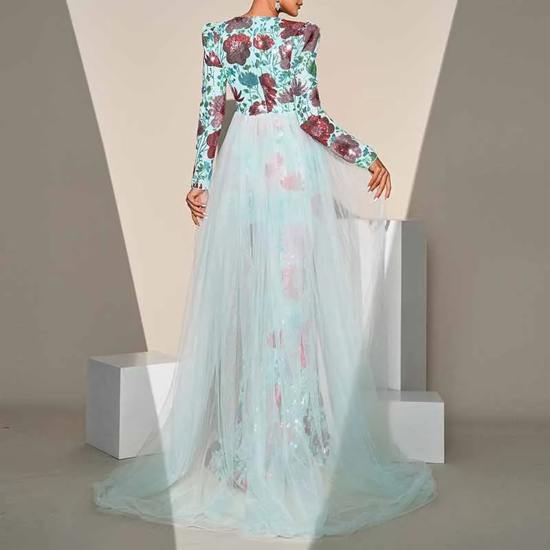 Long Sleeve Turquoise Floral Sequin Prom Dress Event Dress Wedding Guest Dress