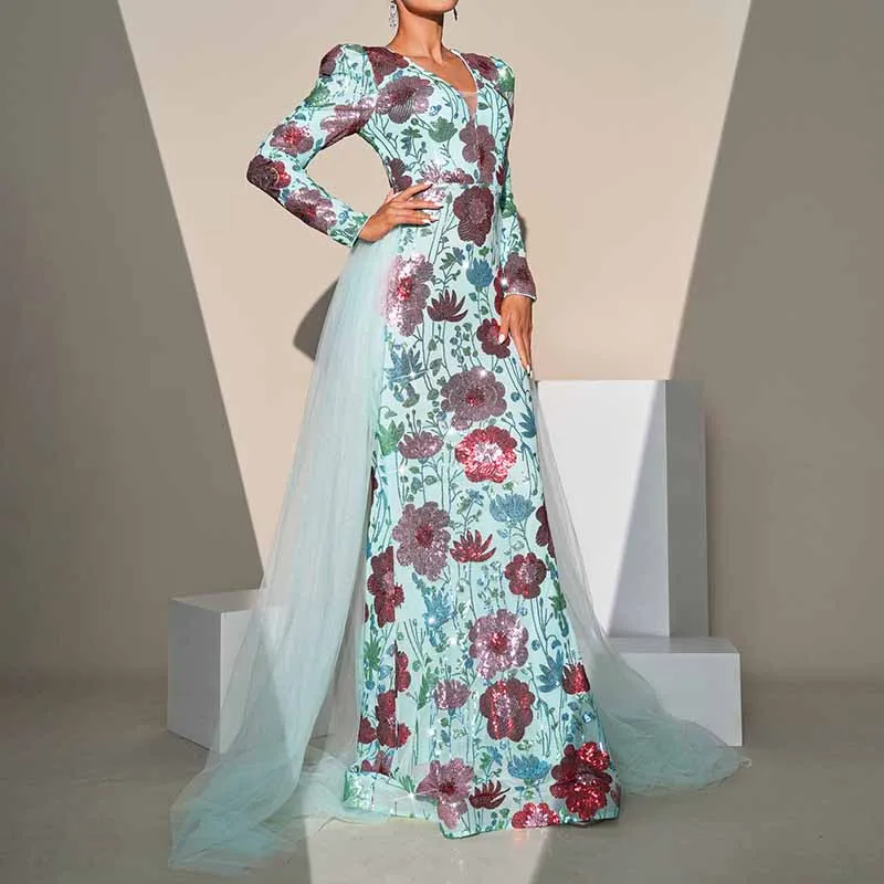 Long Sleeve Turquoise Floral Sequin Prom Dress Event Dress Wedding Guest Dress