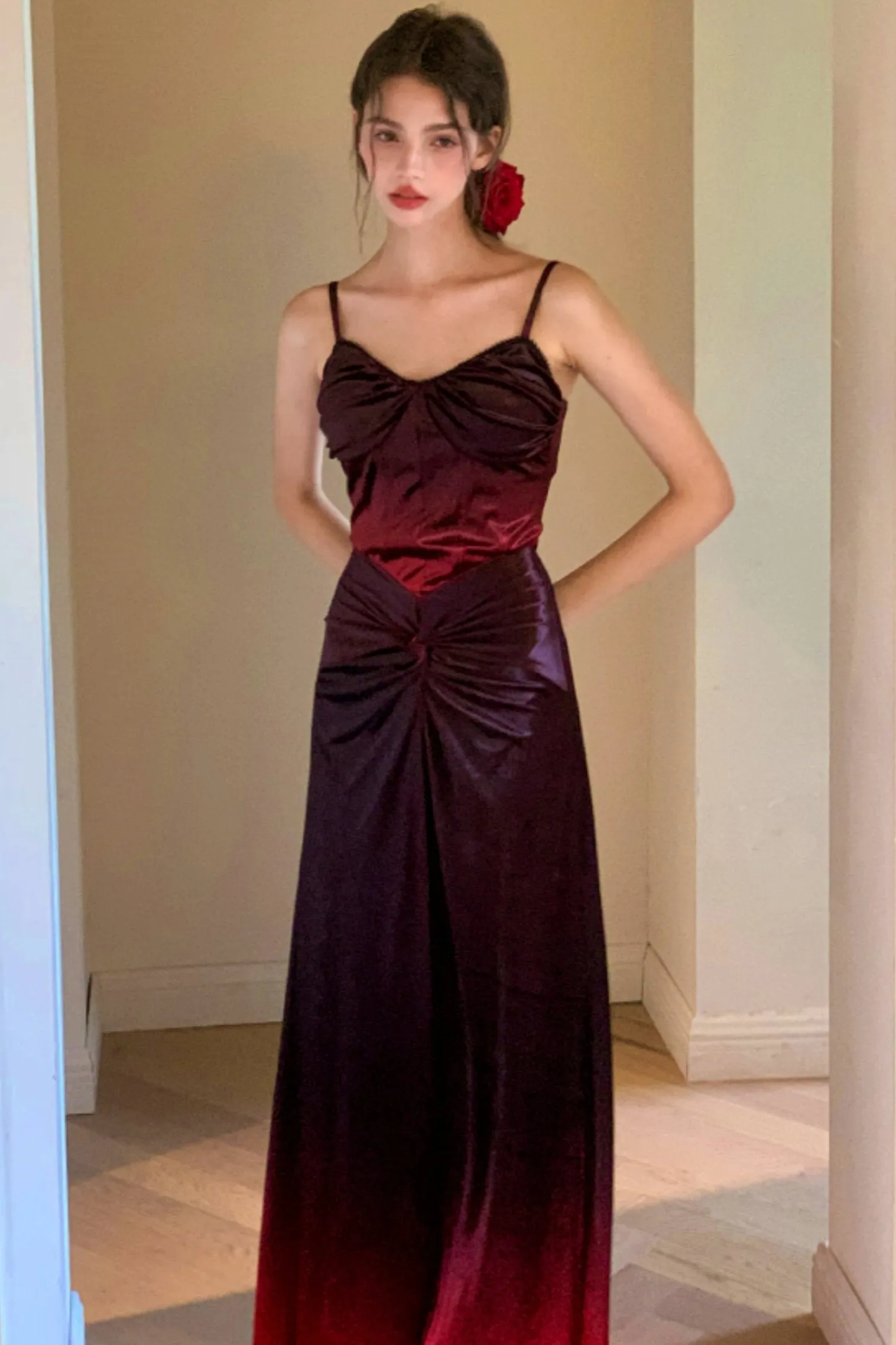 Long Velvet Rose Slip Dress