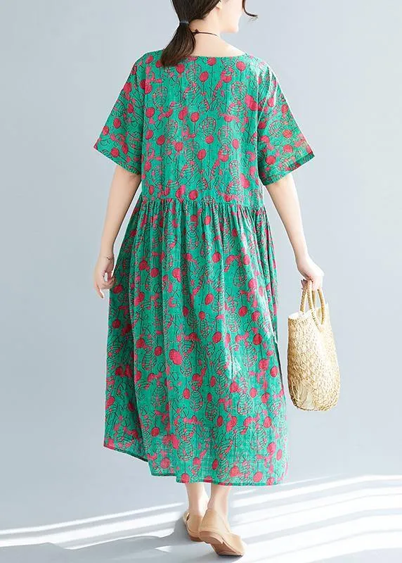 Loose green print cotton linen dresses Plus Size Inspiration o neck pockets Dresses Summer Dress