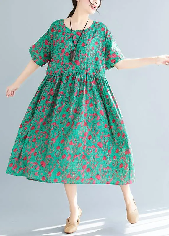 Loose green print cotton linen dresses Plus Size Inspiration o neck pockets Dresses Summer Dress