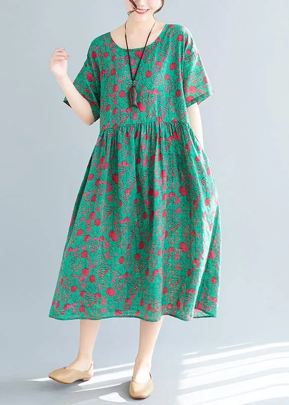 Loose green print cotton linen dresses Plus Size Inspiration o neck pockets Dresses Summer Dress