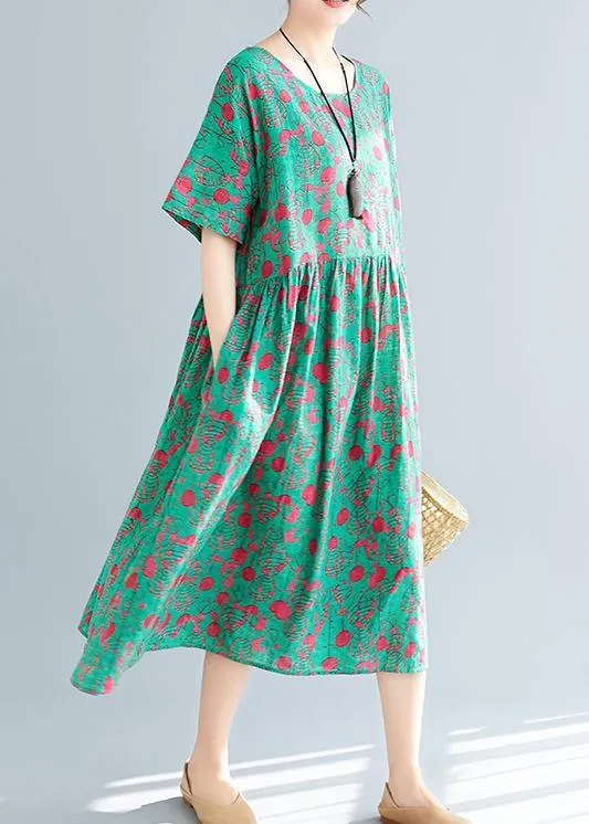 Loose green print cotton linen dresses Plus Size Inspiration o neck pockets Dresses Summer Dress