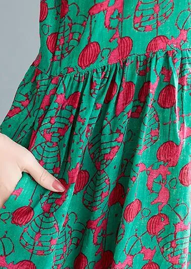 Loose green print cotton linen dresses Plus Size Inspiration o neck pockets Dresses Summer Dress