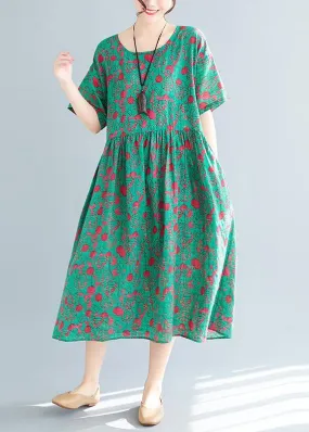 Loose green print cotton linen dresses Plus Size Inspiration o neck pockets Dresses Summer Dress