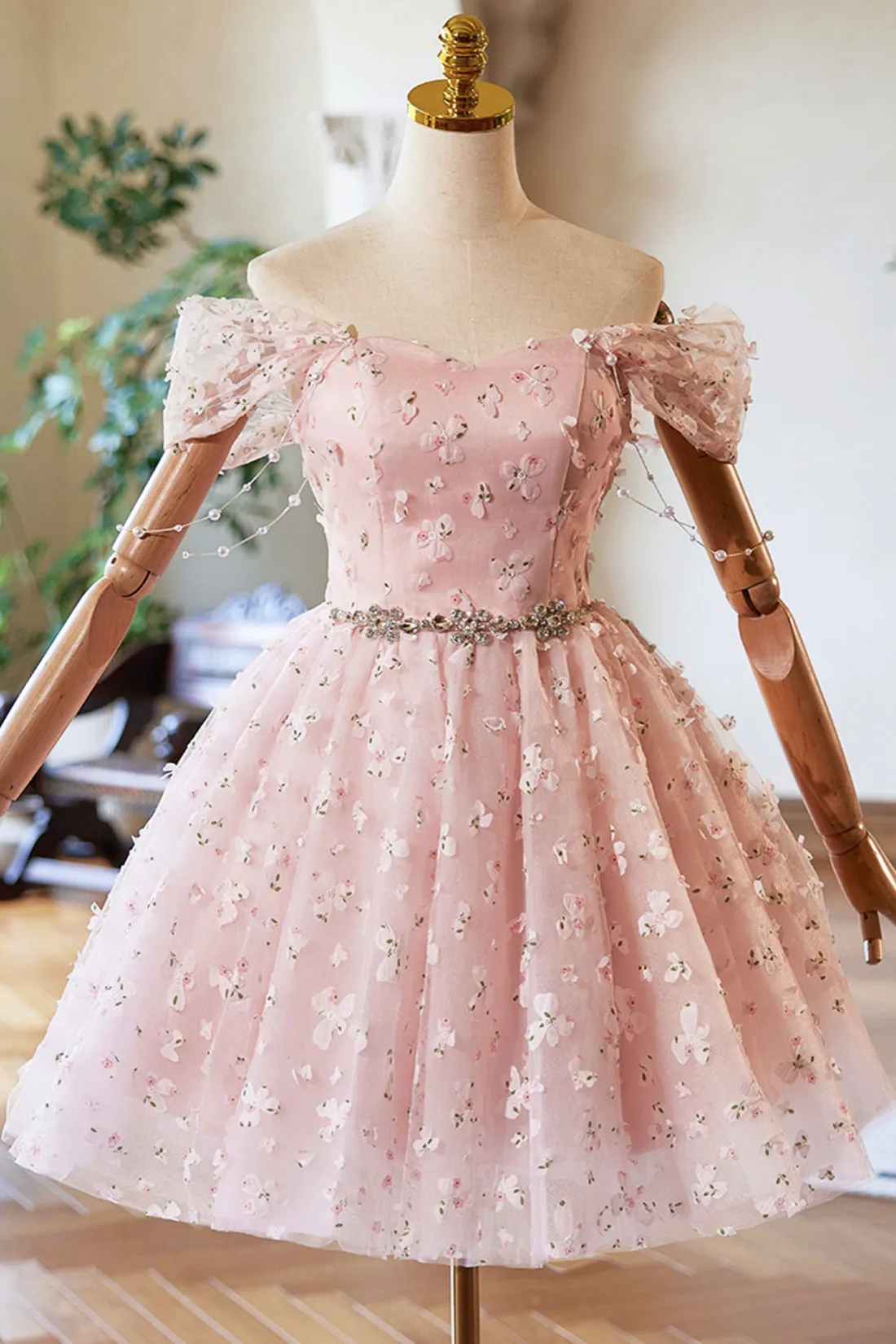 Lovely A-Line Pink Knee Length Prom Dress, Off the Shoulder Evening Party Dress