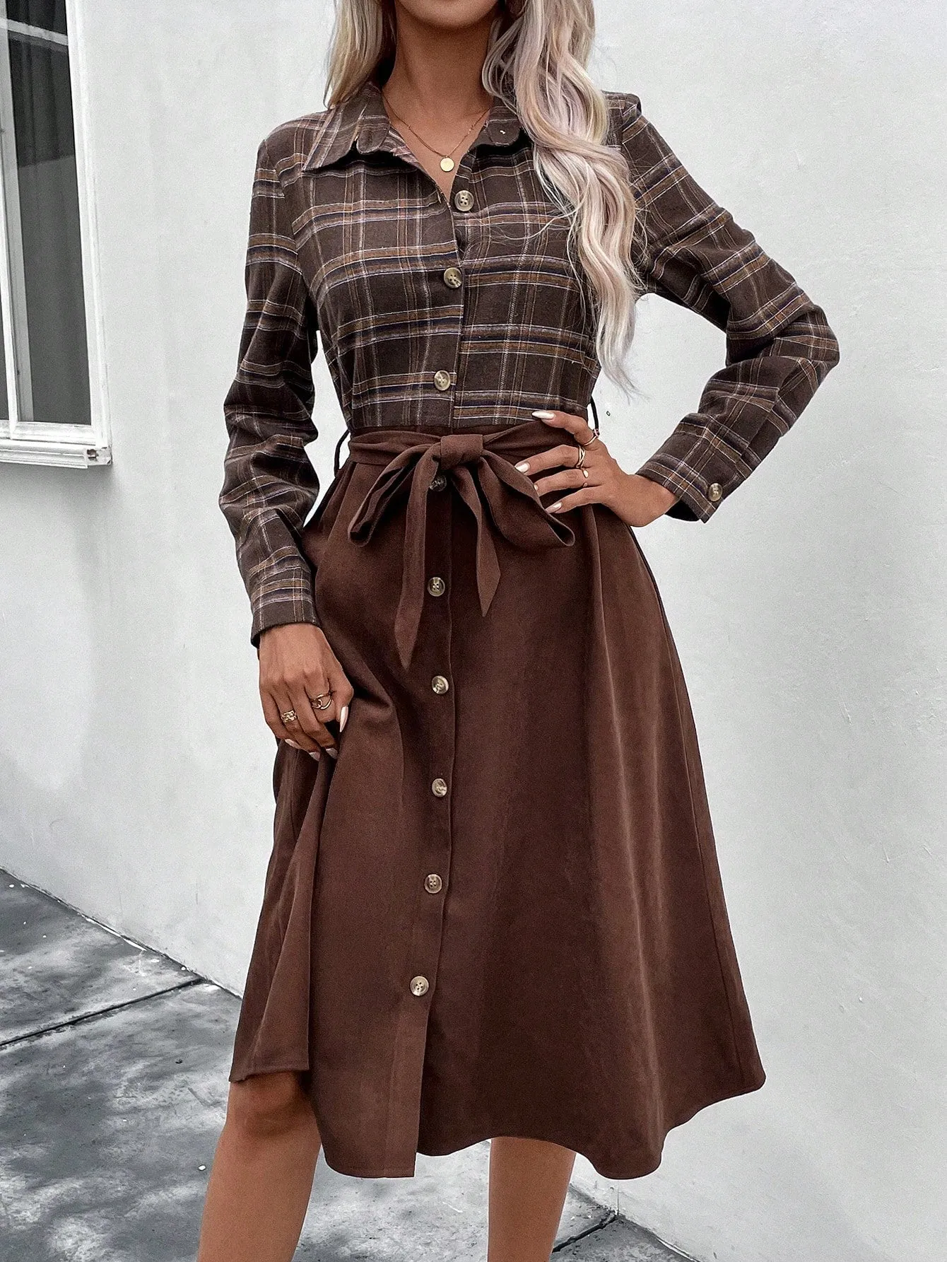 LUNE Plaid Print Belted Shirt Dress