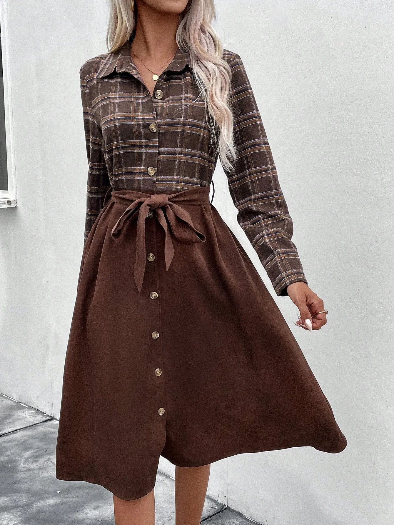 LUNE Plaid Print Belted Shirt Dress