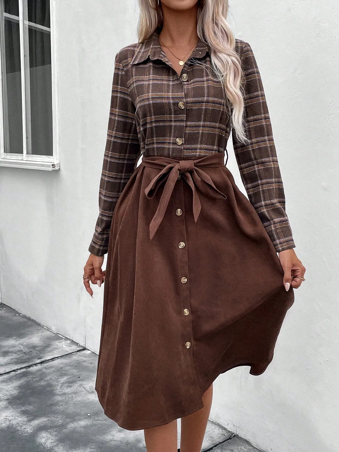 LUNE Plaid Print Belted Shirt Dress