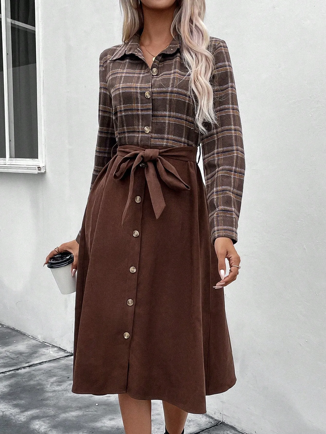 LUNE Plaid Print Belted Shirt Dress