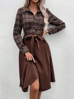 LUNE Plaid Print Belted Shirt Dress