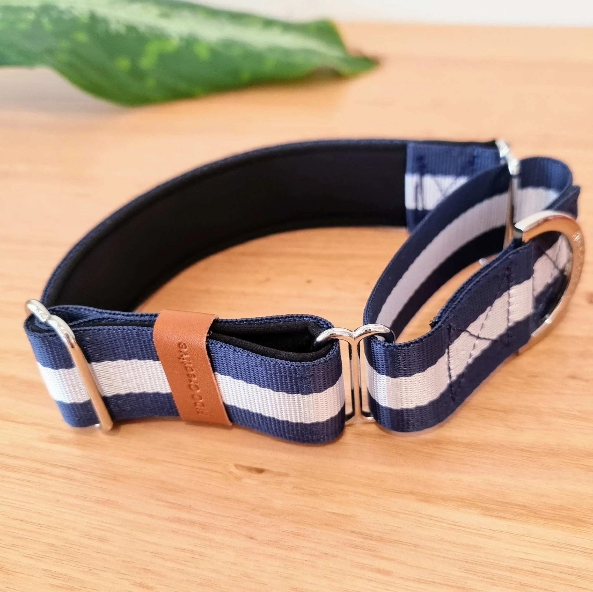 Martingale collar Navy Blue Stripe with padding and personalised option