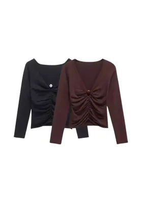 'Matilda' Pleated V-Neck Knit Top with Beaded Detail