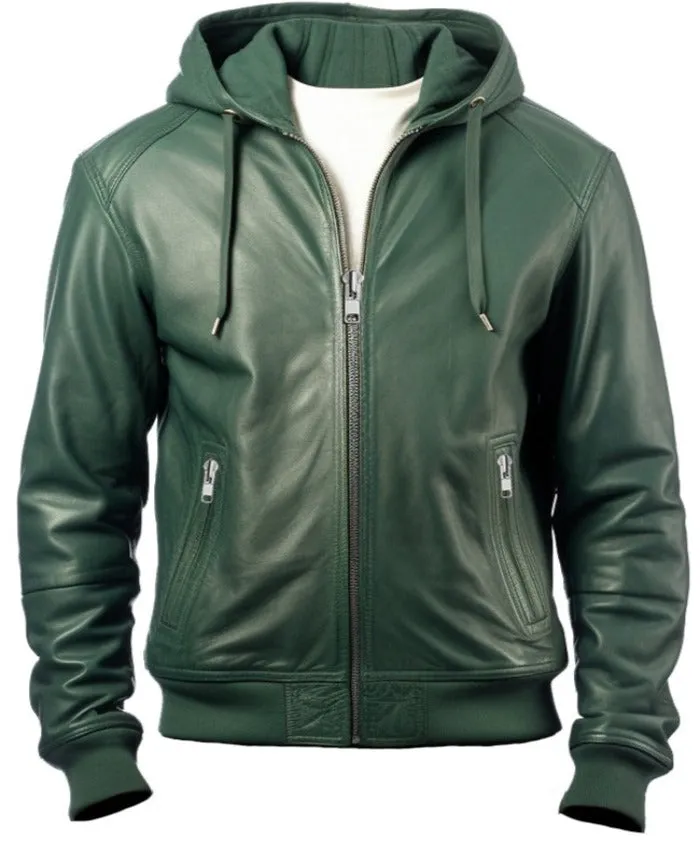 Men Faux Leather Jacket with Hood Green-Leatheroxide