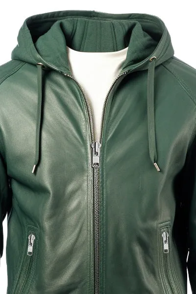 Men Faux Leather Jacket with Hood Green-Leatheroxide