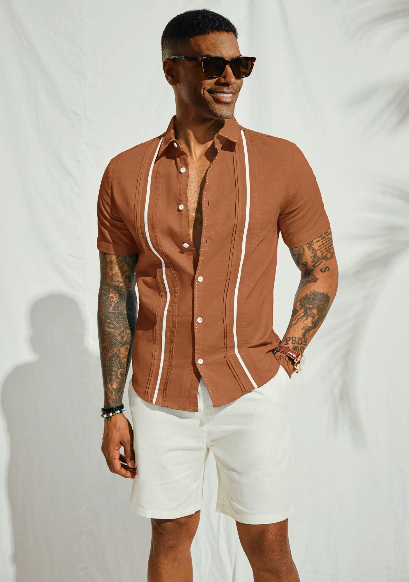 Men's Casual Button Down Cardigan Shirts Linen Cuban Guayabera Shirt Color Blocking Stripes Cotton Beach Shirts