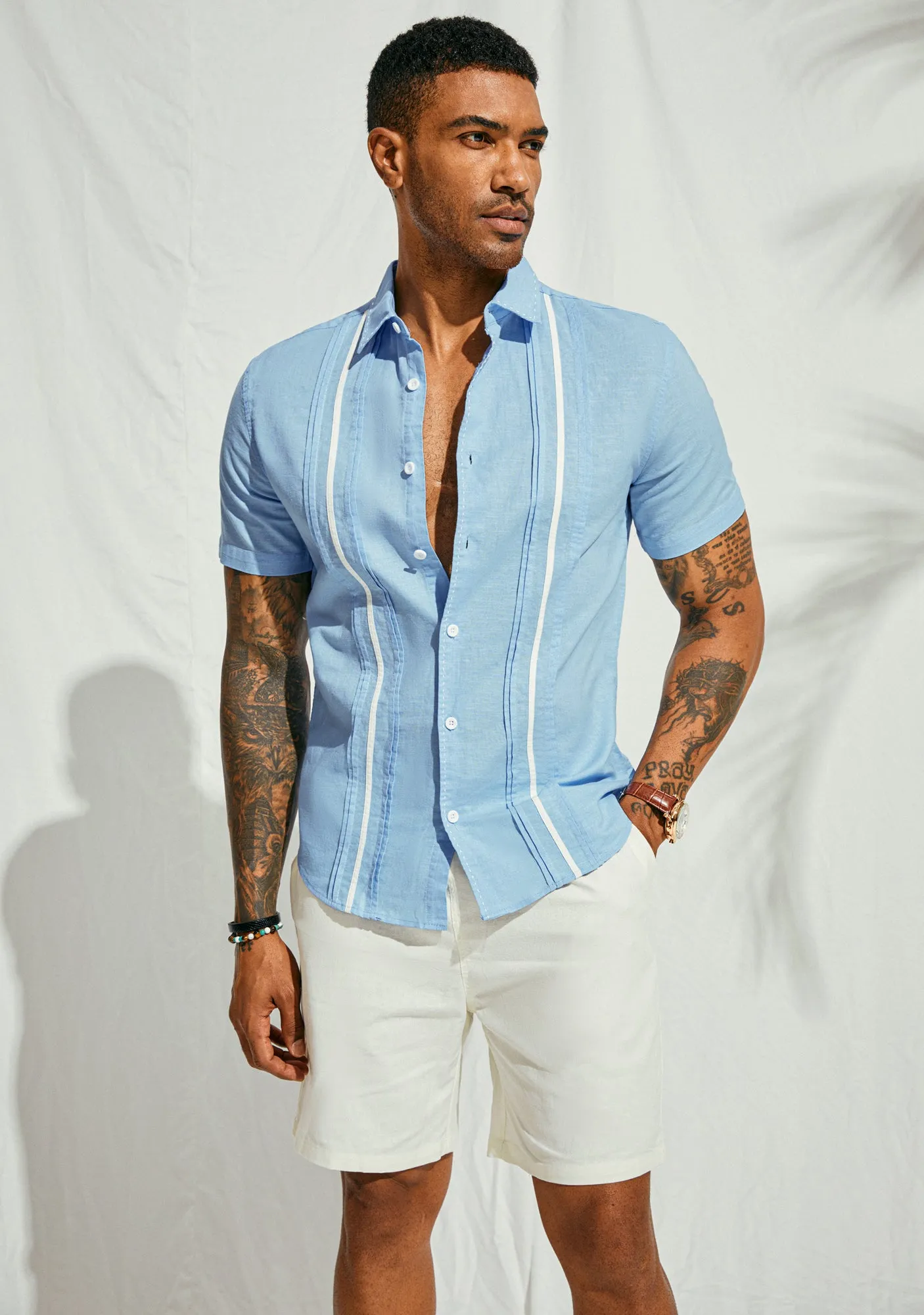 Men's Casual Button Down Cardigan Shirts Linen Cuban Guayabera Shirt Color Blocking Stripes Cotton Beach Shirts