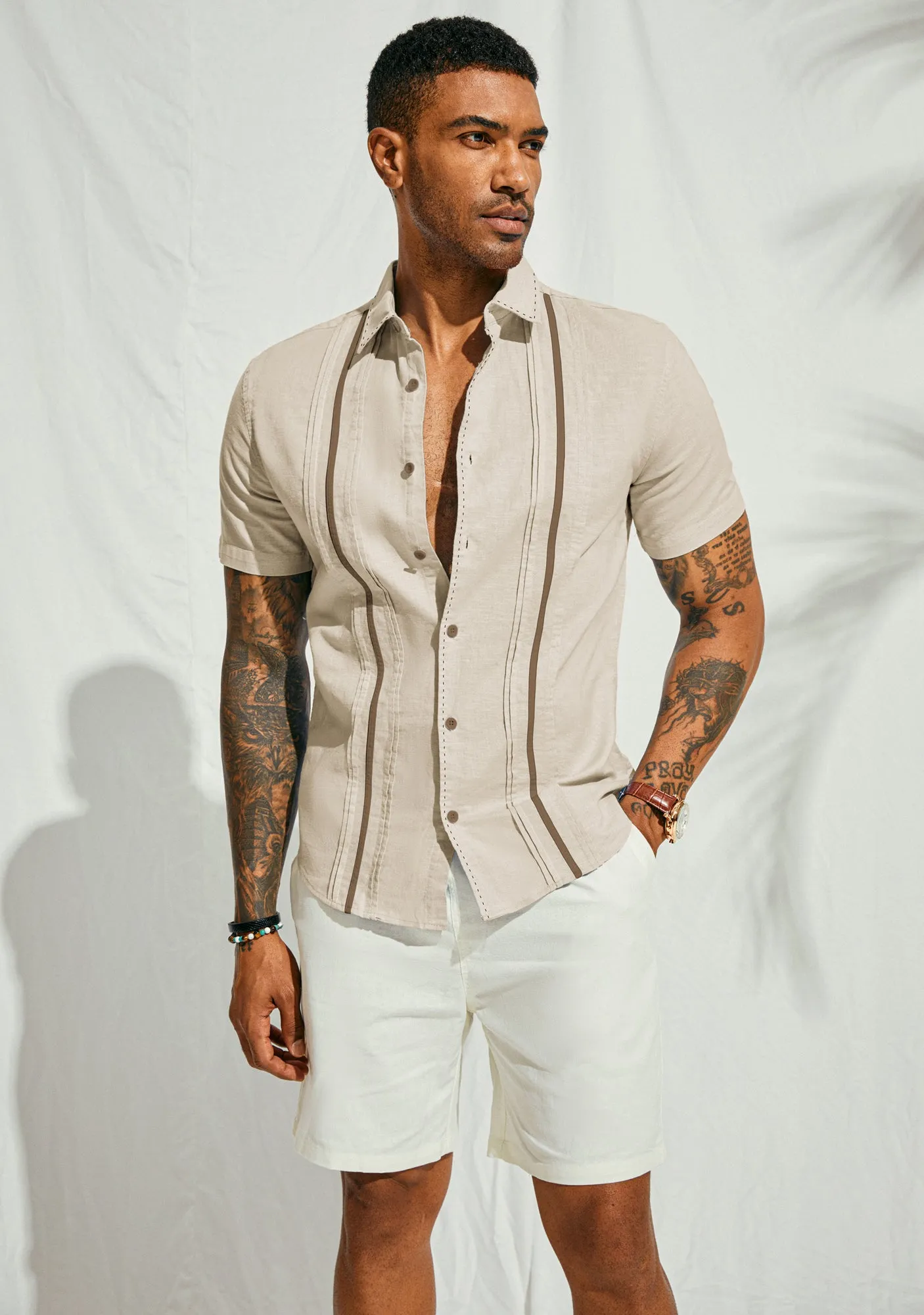 Men's Casual Button Down Cardigan Shirts Linen Cuban Guayabera Shirt Color Blocking Stripes Cotton Beach Shirts